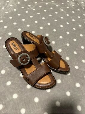 Born Women's Brown Leather Slide Mules with Decorative Buckle